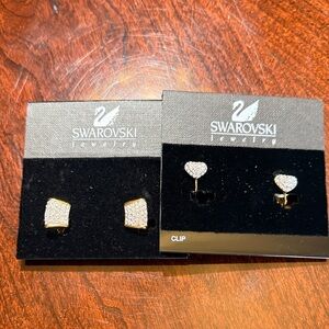 Swarovski Gold Tone Pave Crystal Stud & Heart Clip Earrings - White